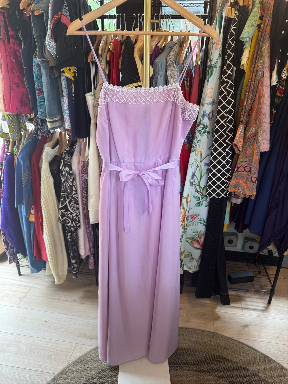 vintage lavender maxi dress white lace trim straight neckline spaghetti straps - Picture 6 of 13